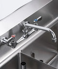 Heavy Duty Eight Inch Center Wall Mount Commercial Sink Faucet with smooth swivel spout and dual lever handles in glossy chrome brass.