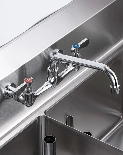 Heavy Duty Eight Inch Center Wall Mount Commercial Sink Faucet with smooth swivel spout and dual lever handles in glossy chrome brass.