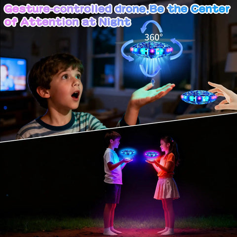 Kids Drone For Indoor And Outdoor Fun 2026 Upgrade With LED Lights Hand Operated Flying UFO performing 360 flips with kids