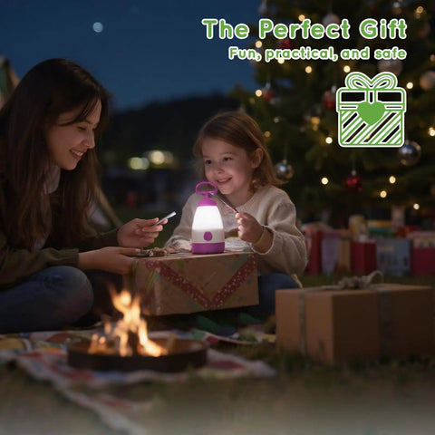 Child with Kid Friendly Camping Lantern And Night Light With AAA Batteries Included enjoying outdoor setting under a Christmas tree.