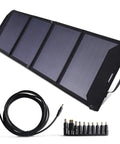 Leave The Cord Hustle Behind With This 60 Watt Foldable Solar Panel Charger showing four solar panels and a charging cable for multiple devices.