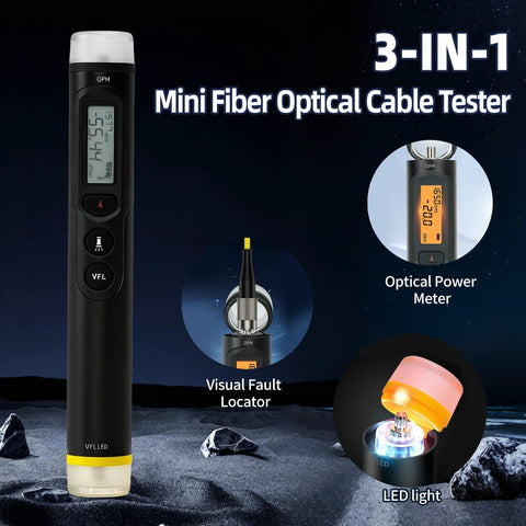 TFN 3-in-1 fiber optic tester handheld, front view with LCD display and yellow end cap; includes FC-LC adapter