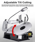 Professional Desktop Scroll Saw With Tiltable Metal Work Table Bright Led Lamp And Quick Speed Adjustments For Killer Curve Cuts Across Wood Plastic And Thin Sheet Metal Projects showing adjustable tilt cutting angle.