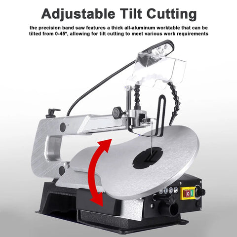 Professional Desktop Scroll Saw With Tiltable Metal Work Table Bright Led Lamp And Quick Speed Adjustments For Killer Curve Cuts Across Wood Plastic And Thin Sheet Metal Projects showing adjustable tilt cutting angle.