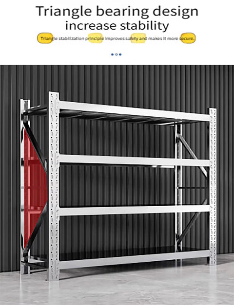 Heavy Duty Garage Shelving Unit With Ultra Wide Metal Beams And Rock Solid Steel Build Acts As A Total Workspace Workhorse Giving You Ample Room For Big Tools And Heavy Gear 78 Inches Tall with triangle bearing design for extra stability.