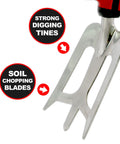 Close-up of steel blades on Dual Grip Garden Hand Fork Cultivator And Weeder With Soft Touch Ergonomic Handles for digging and weeding.