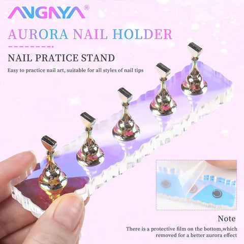 2 Piece Aurora Nail Stand Set for Painting Nails, Magnetic Nail Holder Display with stand and removable mounting tapes