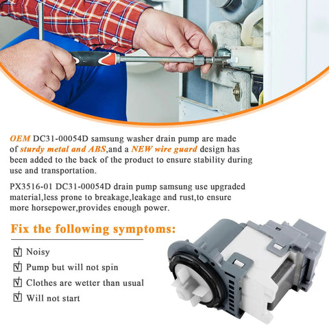 Person installing washer drain pump replacement for WA4 WA5 WF2 WF3 WF4 WF5 series; addresses leaks and noise issues.