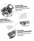 Close-up of 390 Count Serrated Tooth Lock Washers Set M3 To M10 Stainless Steel with push on locking design.