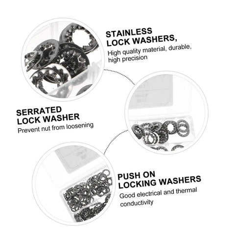 Close-up of 390 Count Serrated Tooth Lock Washers Set M3 To M10 Stainless Steel with push on locking design.