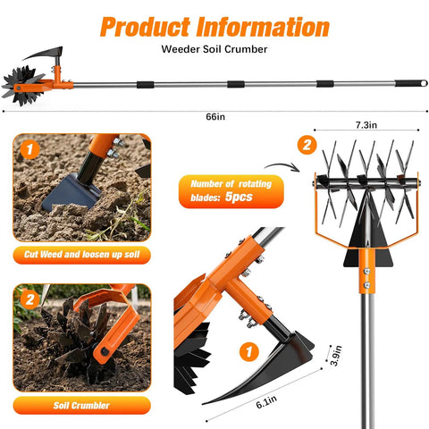 Diagram of a 2 In 1 Garden Cultivator And Weeder With Upgraded Triangle Hoe with details on blade and handle length for soil aeration.