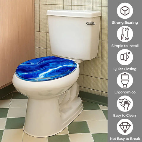 Round Resin Toilet Seat for Bathroom in blue marble design, fits various toilets, easy to install with supplied fittings.