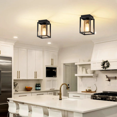 Flush Mount Ceiling Light Fixture With Clear Glass Shade In A Farmhouse Black Metal Frame for kitchen