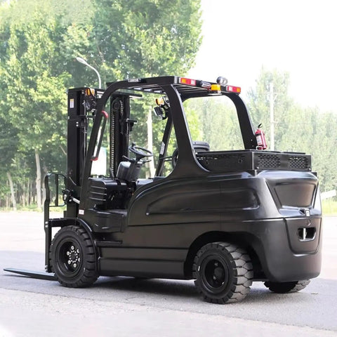 Mini Electric Forklift Pallet Stacker With Adjustable Reinforced Forks And Solid Tires For Indoor Warehouses, black, side view.