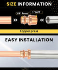 Top Shelf Copper Press Fittings 50 Pack 3/4 Inch Press X 1 Inch Male Npt Adapter with illustrations of sizes and easy installation.