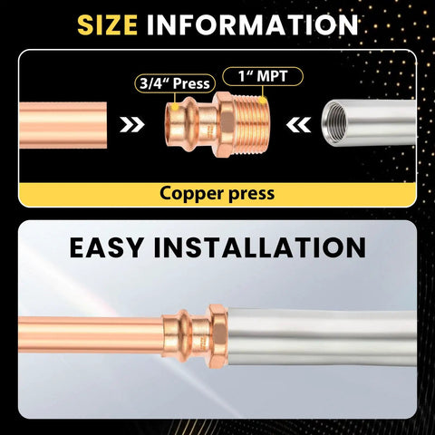 Top Shelf Copper Press Fittings 50 Pack 3/4 Inch Press X 1 Inch Male Npt Adapter with illustrations of sizes and easy installation.