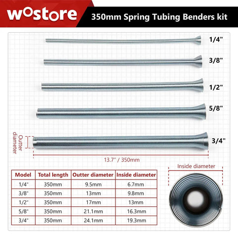 Wostore 5-Inch Tube Bender Set Fits 1/4-3/4 Inch Copper Piping showing 350mm spring tubing benders with various diameters.