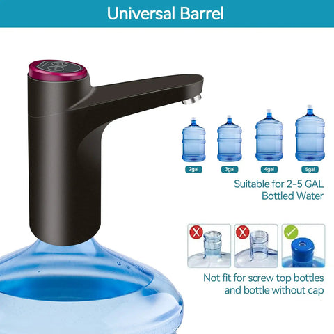 USB Rechargeable Water Dispenser Pump For 5 Gallon Bottles showing compatibility with different bottle sizes