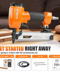 Light As A Feather 23 Gauge Pneumatic Pin Nailer For Cramped Spots With 10000 1 2 Inch Pins features tools and accessories for easy woodworking tasks.