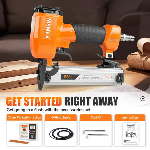 Light As A Feather 23 Gauge Pneumatic Pin Nailer For Cramped Spots With 10000 1 2 Inch Pins features tools and accessories for easy woodworking tasks.
