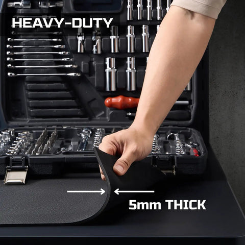 Person demonstrating flexibility of Heavy Duty Workbench Mat 60 By 24 Inches 5mm Thick EVA Rubber Surface Protector.