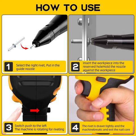Step-by-step guide for using Brushless Electric Rivet Gun Compatible With Dewalt 20V Battery for seamless metal joining tasks.