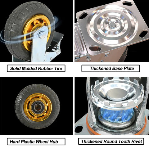 Heavy Duty 8 Inch Swivel Casters Set Of 4 With Two Brakes Beefed Up Industrial Rubber Wheels detail view with base plate and components