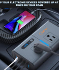 Road Trip Ready 200W 7 In 1 Car Power Inverter Converts 12V DC To 110V AC With Dual AC Outlets PD 27W USB C QC3.0 charging devices