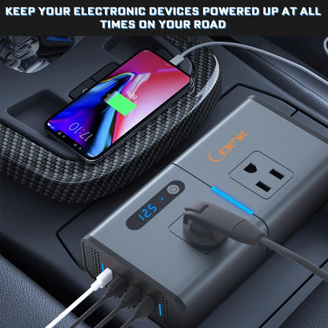 Road Trip Ready 200W 7 In 1 Car Power Inverter Converts 12V DC To 110V AC With Dual AC Outlets PD 27W USB C QC3.0 charging devices