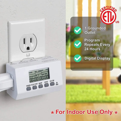 No Sweat Two Outlet Outdoor And One Outlet Indoor Digital Timer Combo Pack with a grounded indoor outlet and digital display.