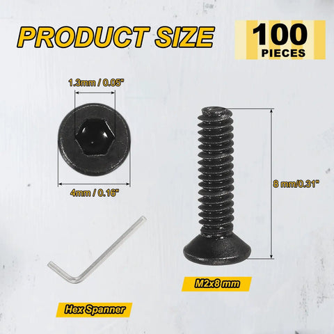 Heavy Duty M2x8 Flat Head Socket Cap Screws 100 Piece Set Carbon Steel Grade 10.9 Hex Drive Machine Bolts Full Thread, showing sizes of 8mm length and 1.3mm hex.
