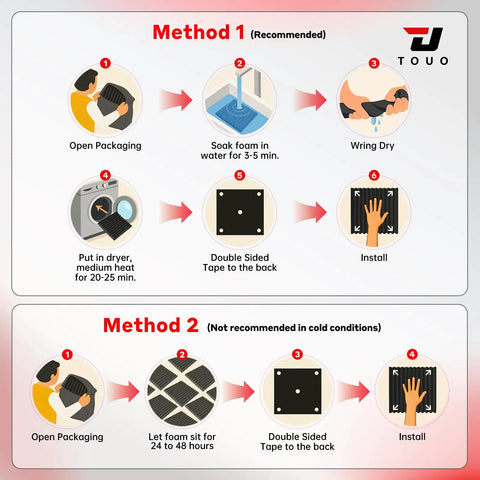 Installation methods for 12 Pack Acoustic Foam Panels For Walls 12x12x1 High Density Wedge Foam For Sound Absorption In Home Studio