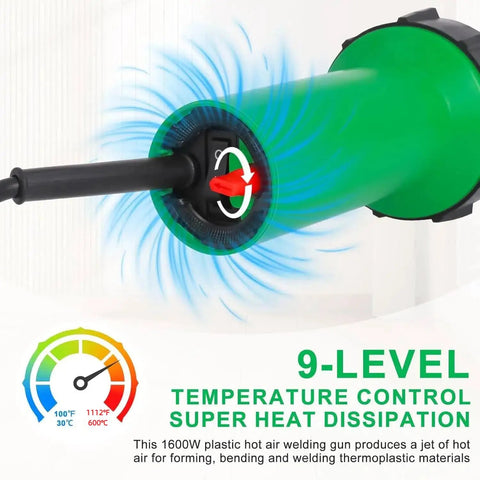 Close-up of 1600W Hot Air Plastic Welder Kit Pro Grade with 9-level temperature control and heat dissipation design for thermoplastics.