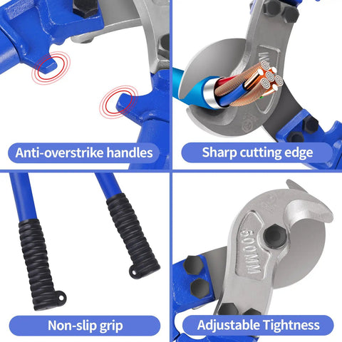 Industrial Grade 18 Inch Cable Cutters Heavy Duty T8 Alloy Steel Wire Cutters Built Tough For Crushing Copper And Aluminum Cables Easily With Rock Solid Hrc56 Blades showing anti-overstrike handles and sharp cutting edge.