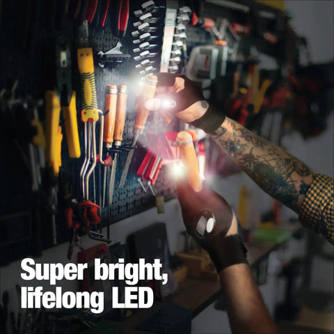 Handsfree LED Flashlight Gloves For Dads And DIYers A Versatile Tool For pinpoint work in a dimly lit tool room, showing LED lights in use