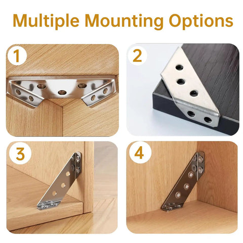 Multiple mounting options for 20 Pcs Stainless Steel Corner Connectors And Triangle Brackets For Wood Furniture Shelves Cabinets And Desks Includes Screws Heavy Duty Metal Brackets For Tables And Chairs With Wobble Free Low Profile Mounts For Strong Frame Support