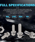 Heavy Duty M5 Screws And Nuts Set 260 Piece Stainless Steel Kit With Washers Hex Head Bolts showcased with specifications