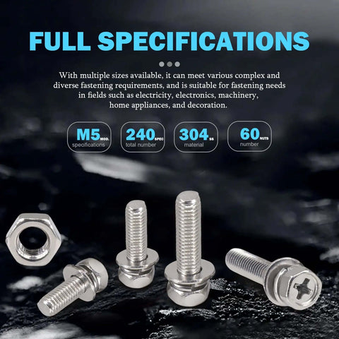Heavy Duty M5 Screws And Nuts Set 260 Piece Stainless Steel Kit With Washers Hex Head Bolts showcased with specifications