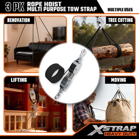 Beefy Heavy Duty Rope Hoist Kit With 4000 Lb Break Strength 65 Ft Poly Rope Includes Two 8 Ft Lift Slings, lifting applications.