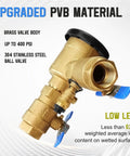 Close-up of Upgraded Three Quarter Inch 720A Pressure Vacuum Breaker Assembly valve, showing brass body and blue handle, max 400 PSI