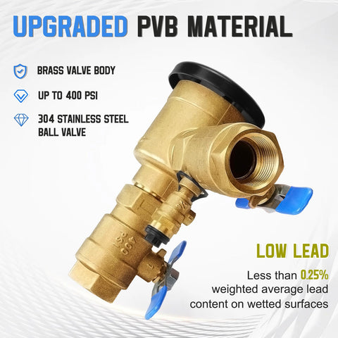 Close-up of Upgraded Three Quarter Inch 720A Pressure Vacuum Breaker Assembly valve, showing brass body and blue handle, max 400 PSI