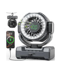 24000mAh Portable Camping Fan With LED Lantern showing digital display and phone charging feature
