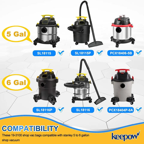 Heavy Duty Shop Vac Bags For Stanley 5 To 6 Gallon Wet Dry Vacuums Replacement 19-3100 11 Pack 9 Plus 2 shown with compatible vacuums.