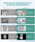 SR Sun Rise chrome handheld shower head with filter beads and detachable spray head, shown in infographic.