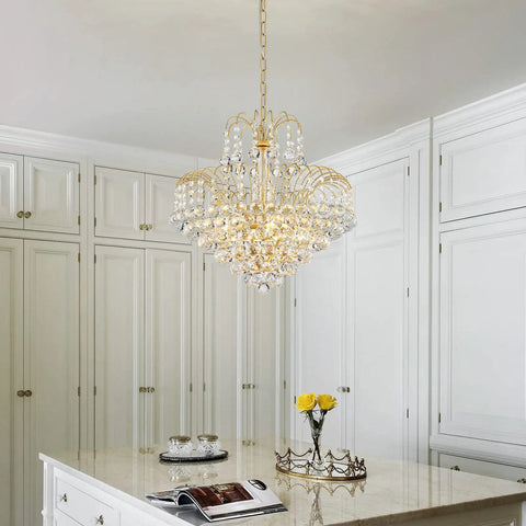 Dope Crystal Chandelier Pendant Flush Mount Light With Gold Finish in modern kitchen with glass crystals