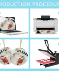 12 Pack Ceramic Ornament Blanks For Sublimation DIY Crafts process shown with laptop, printer, heat press, and finished ornaments