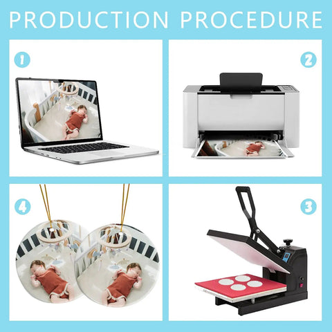 12 Pack Ceramic Ornament Blanks For Sublimation DIY Crafts process shown with laptop, printer, heat press, and finished ornaments