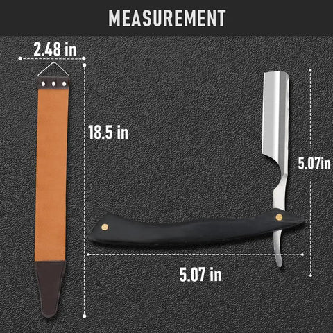 Premium Straight Razor And Leather Shaving Strop Set With Sharp Stainless Steel Blade and Smooth Wooden Handle for Men, showing size measurements.