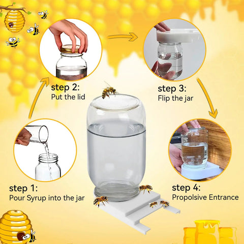 Diagram showing steps to use Six Pack Front Bee Feeders For Hives Beehive Entrance Feeder With Perforated Lids Fits Standard Mason Jars