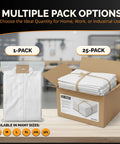 1-pack and 25-pack options of Heavy Duty White Disposable Coveralls For Industrial Work on a table.
